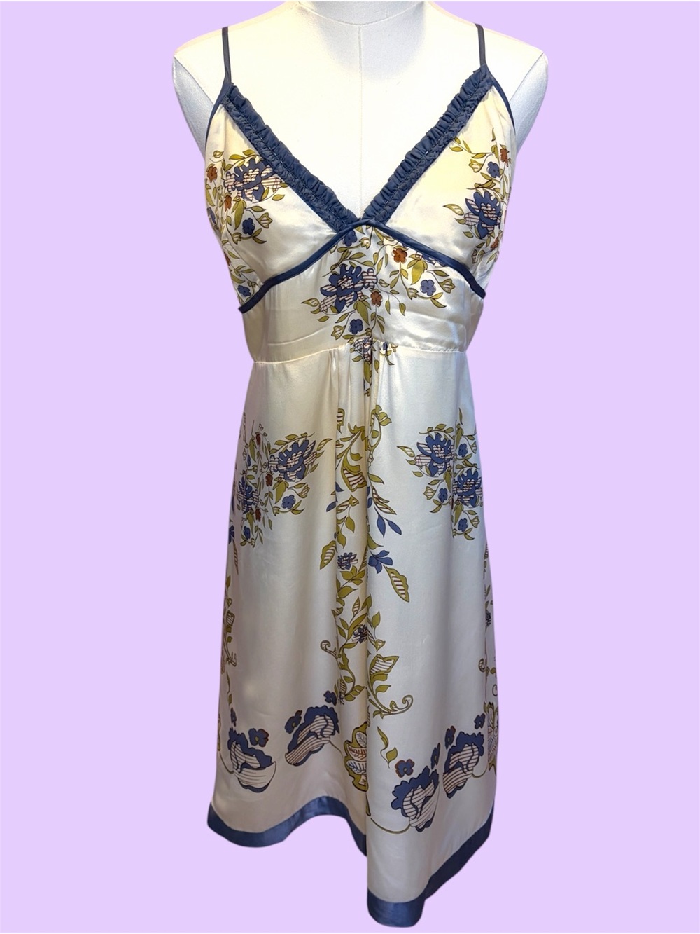 Silk VTG Inspired Floral Slip Dress with Periwinkle Trim